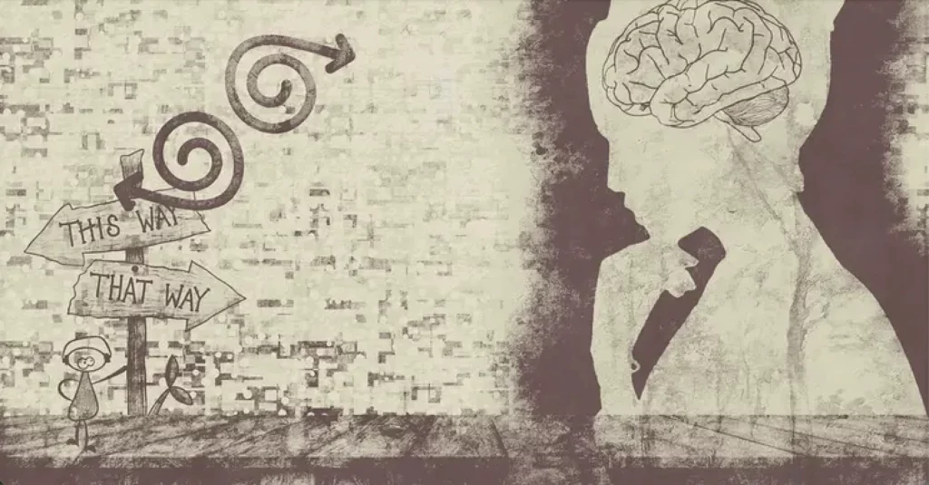 Femme tiraillée entre deux directions par son cerveau pour illustrer la résistance au changement